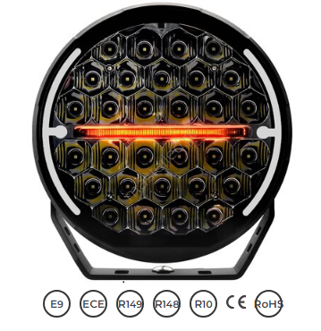 Lampa drogowa LED, bursztynowa, 9-calowa, 150W, 13500 Lm, z podwójnym światłem pozycyjnym