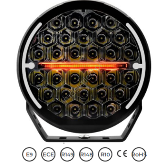 Lampa drogowa LED, bursztynowa, 9-calowa, 150W, 13500 Lm, z podwójnym światłem pozycyjnym